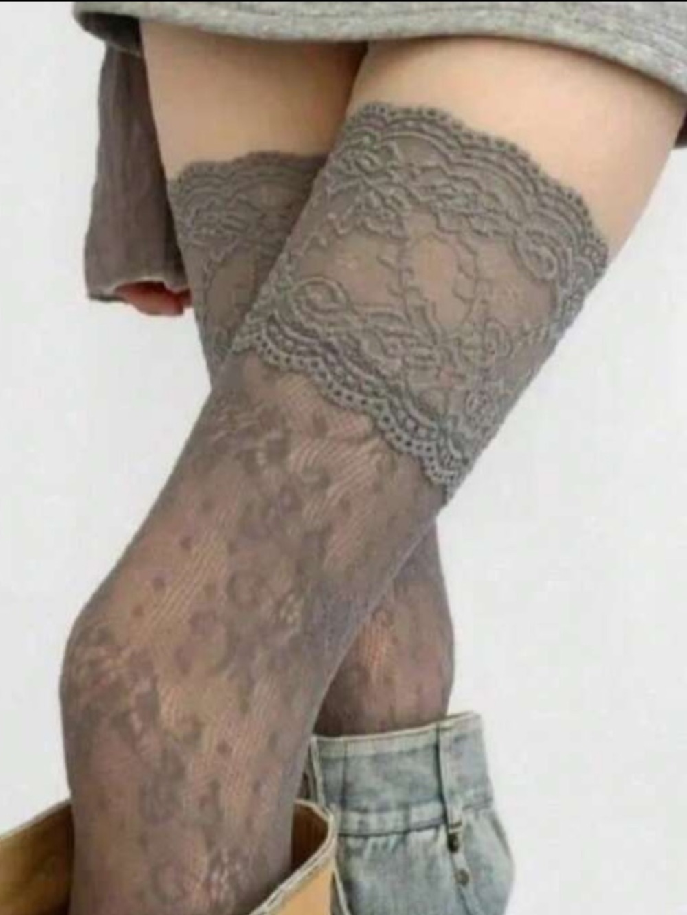 Lace Thigh High Stockings - Grey
